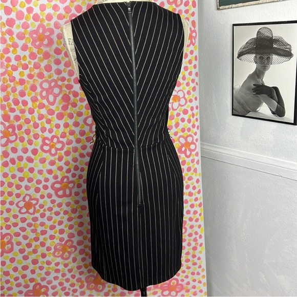 BCBGMAXAZRIA Professional Black Pinstripe Faux-Wrap Asymmetrical Belted Dress XS - Picture 11 of 13